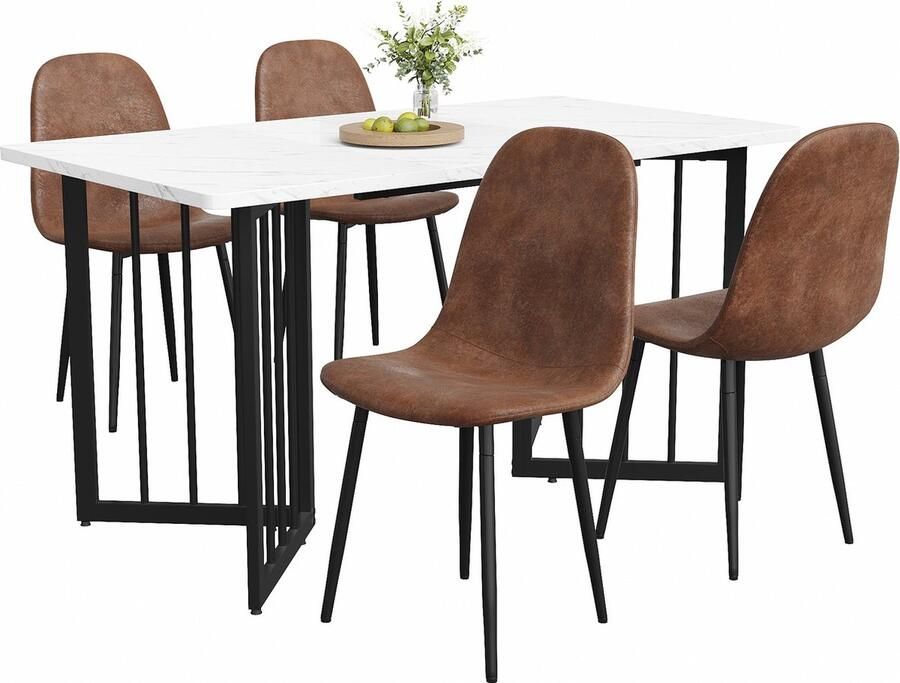 Merax Eethoek (5-delig) Moderne Eettafel met 4 Scandinavische Kunstlederen Stoelen Bruin Kunstleder V-vormige Zwarte Tafelpoten Eettafelset met Stalen Poten