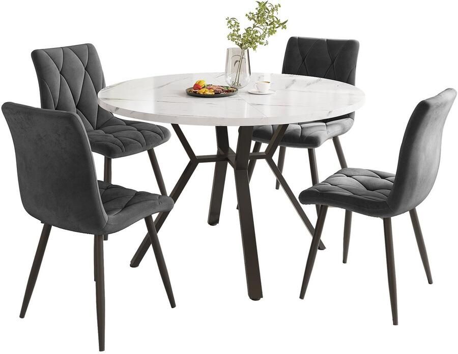 Merax Eethoek 5 Delige Set – Ronde Eettafel 100 cm Marmerlook met 4 Eetkamerstoelen – Wit met Grijs en Zwart