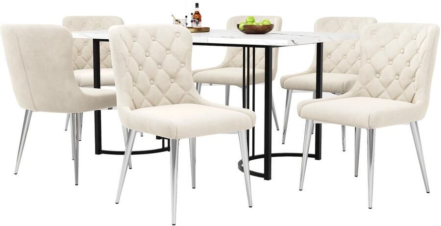 Merax Eethoek 7-delig 140x80 cm Eettafel met 6 Eetkamerstoelen Moderne Keukentafel Set Witte Stoelen met Zwarte IJzeren Poten