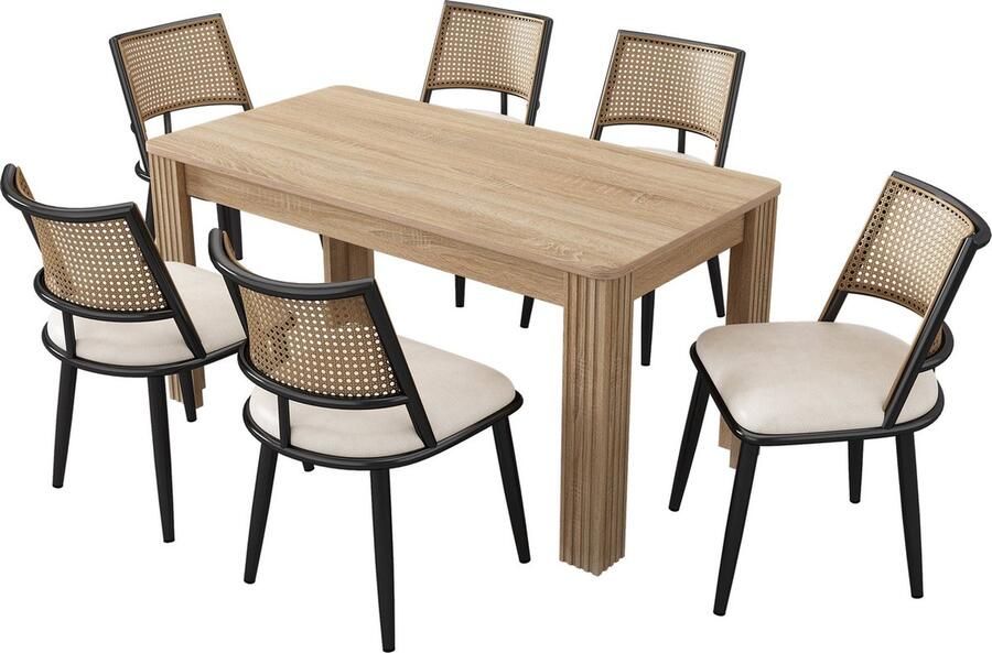 Merax Eethoek 7-Delig Moderne Eetkamerset met Houten Eettafel en 6 Eetkamerstoelen Stabiele Tafel met Rattan Rugleuning Stoelen Zwart met Bruin