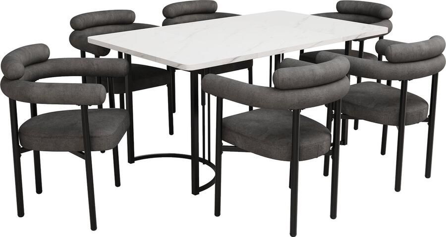 Merax Eethoek (7-delig) – Moderne Eettafel met Metalen Designpoten en 6 Comfortabele Fluwelen Stoelen – Grijs Eettafelset – 140 x 80 cm