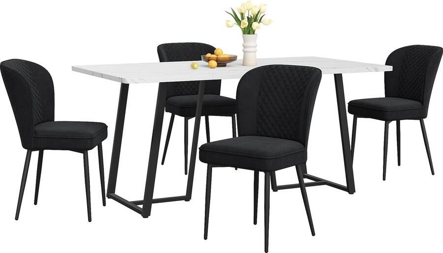 Merax Eettafelset (5-delig) 140x80x75 cm Tafel met 4 Donkergrijze Fluwelen Stoelen Moderne Set met Rugleuning Wit MDF Tafelblad en Zwarte Metalen Poten