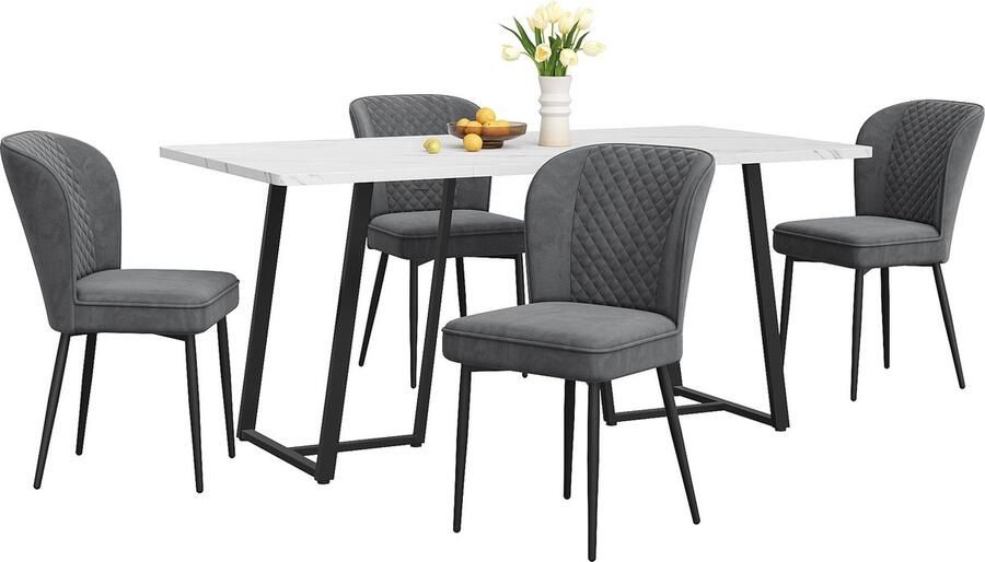 Merax Eethoek Set (140×80×75 cm Tafel + 4 Fluwelen Stoelen) Moderne Eettafel Set Comfortabele Stoelen met Rugleuning Wit MDF Tafelblad Zwarte Metalen Poten
