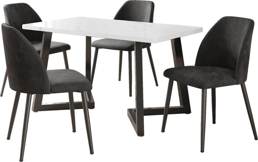 Merax Eethoek Set (5-delig) 117x68 cm Eettafel met 4 Donkergrijze Stoelen Moderne Eettafel met Marmerlook Tafelblad en Stijlvolle Stoelen met IJzeren Poten