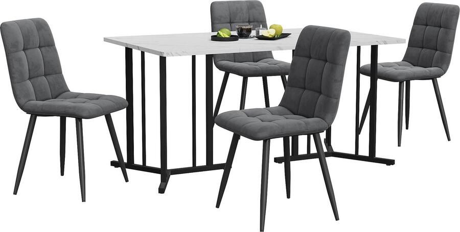 Merax Eethoek Set (5-delig) – 140×80 cm Eettafel met Zwarte Metalen Poten en Wit MDF Tafelblad Inclusief 4 Donkergrijze Fluwelen Stoelen