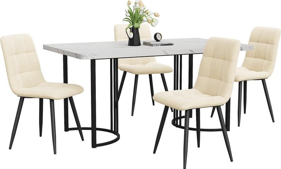 Merax Eethoek (5-delig) 140x80 cm Eettafel met 4 Beige Fluwelen Eetkamerstoelen Moderne Tafel met Wit MDF Blad en Zwarte Metalen Poten