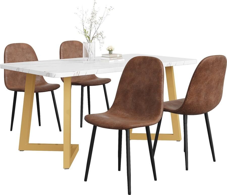 Merax Eettafelset (5-delig) Eettafel met 4 Bruine Kunstlederen Stoelen en Gouden Tafelpoten Scandinavisch Design met MDF Tafelblad
