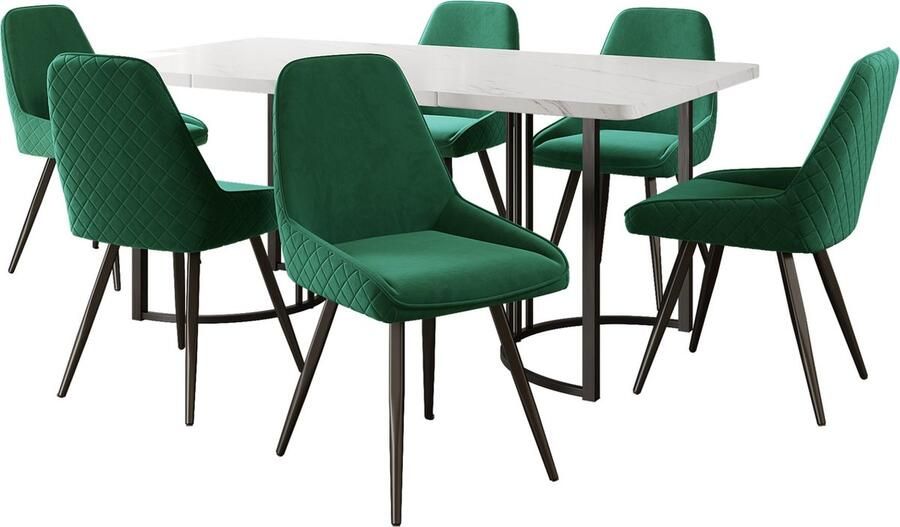 Merax Eethoek Set (7-delig) – Eettafel 140x80 cm met 6 Eetkamerstoelen Moderne Keukentafel met MDF Tafelblad in Wit Marmerlook Fluwelen Stoelen met Rugleuning (Donkergroen)