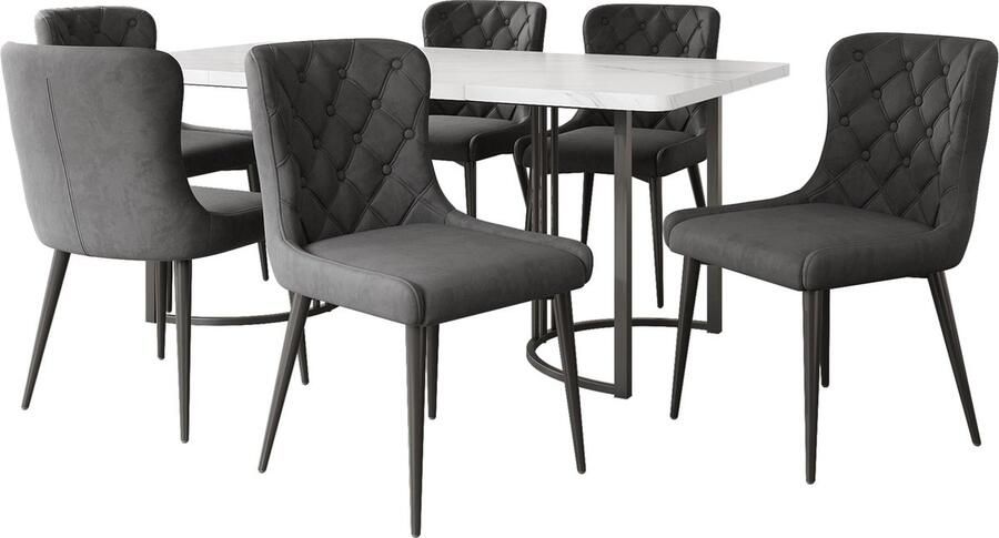Merax Eethoek Set (7-delig) – Eettafel 140x80 cm met 6 Eetkamerstoelen Moderne Keukentafel Set Zwarte Metalen Stoelpoten Fluwelen Stoelbekleding (Donkergrijs)