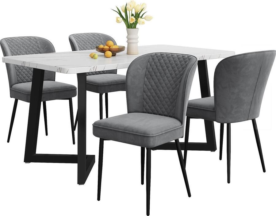 Merax Eetkamerset (Tafel 117×68×75 cm + 4 Stoelen) Moderne Eettafel Set Fluweel Grijze Stoelen Comfortabele Stoel met Rugleuning Witte MDF Tafelblad Zwarte Metalen Poten