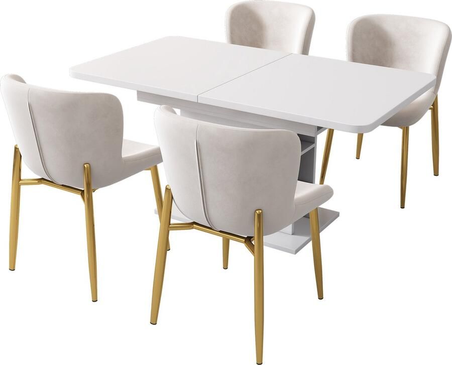 Merax Eetkamer Set Esstisch en 4 Luxe Fluwelen Eetstoelen Uitschuifbare Eettafel met Opbergruimte Rechteckige Tafel in Wit en Beige