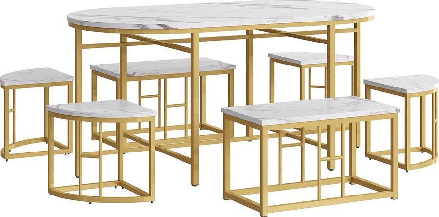 Merax Eetkamer Set met 6 Stoelen Witte MDF Zittingen en Goudkleurige Ijzeren Frames Luxe Moderne Eettafel Set - Foto 2