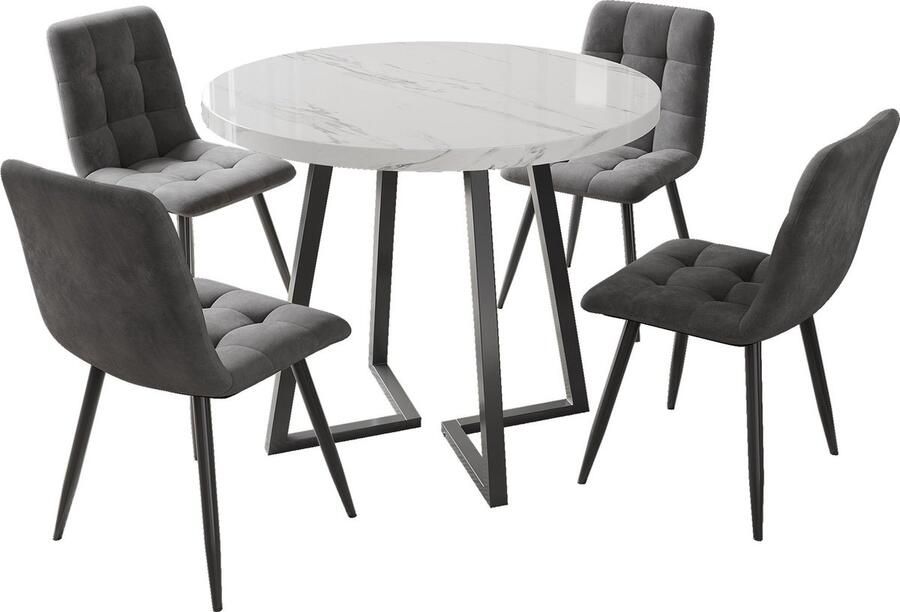 Merax Eetkamer Set Ronde Marmerlook Eettafel met 80 cm Diameter en 4 Fluwelen Eetkamerstoelen Wit met Zwart en Grijs