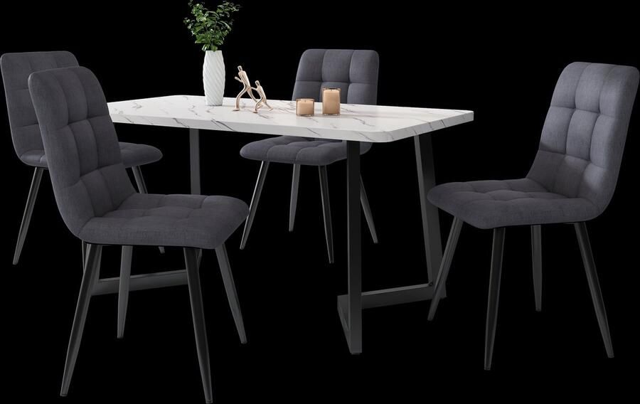 Merax 117cm Eettafel met 4 Eetkamerstoelen Rechthoekig Moderne Keuken Eettafel Donkergrijze Linnen Eetstoelen Zwarte Tafelpoten - Foto 2