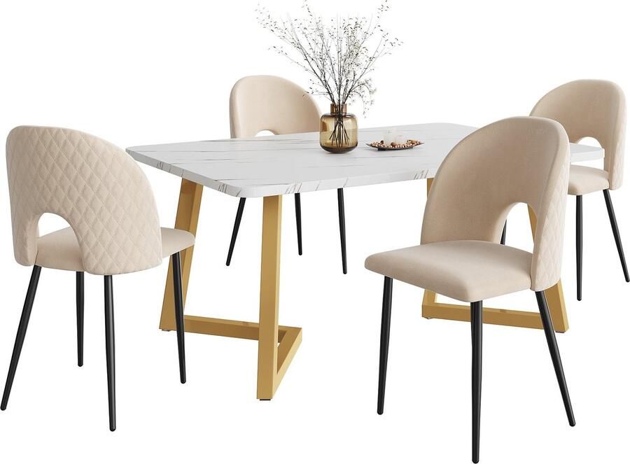 Merax [ niet compleet] Essgruppe (Set 117×68cm Esstisch mit 4 Stühlen) Rechteckiger Esstisch Moderner Küchentisch Set Samt Esszimmerstuhl Mit Diamantmuster Verstellbare Stuhlbeine Beige Samt Golden Tischbeine - Foto 2