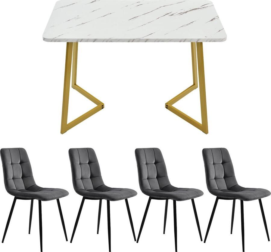 Merax Eetkamerset 117cm Rechthoekig Eettafel met 4 Eetkamerstoelen Moderne Keukentafelset Grijze Fluwelen Stoelen Wit Marmerlook Tafelblad met Gouden Poten - Foto 2