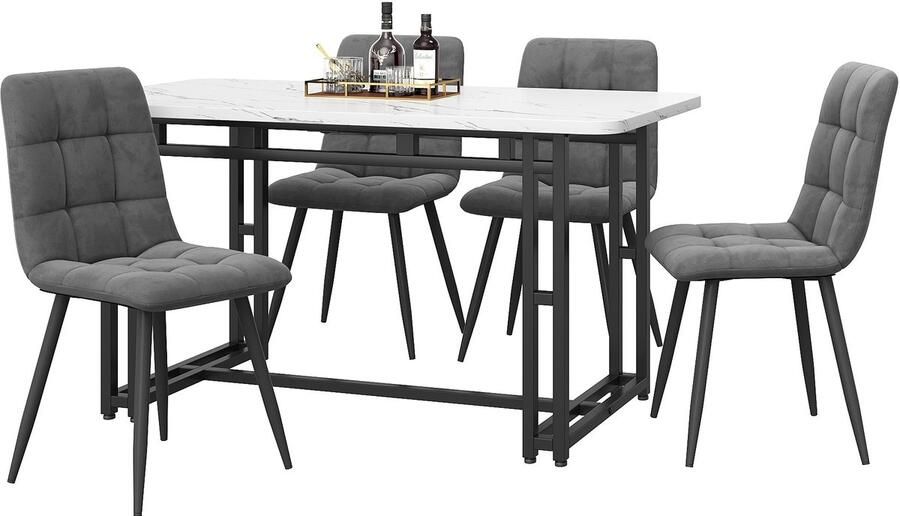 Merax Eetkamerset 120x70 cm – Wit met Zwart Keukentafel met 4 Grijze Fluwelen Eetkamerstoelen – Moderne Eettafel Set met Metalen Poten