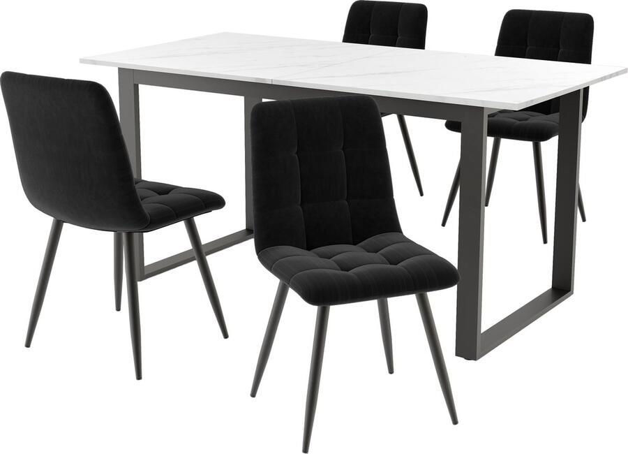 Merax eettafelset (set van 140 180×80×75 cm eettafel met 4 stoelen) modern keuken eettafelset zwart fluwelen eetkamerstoelen MDF tafelblad in wit zwarte tafelpoten