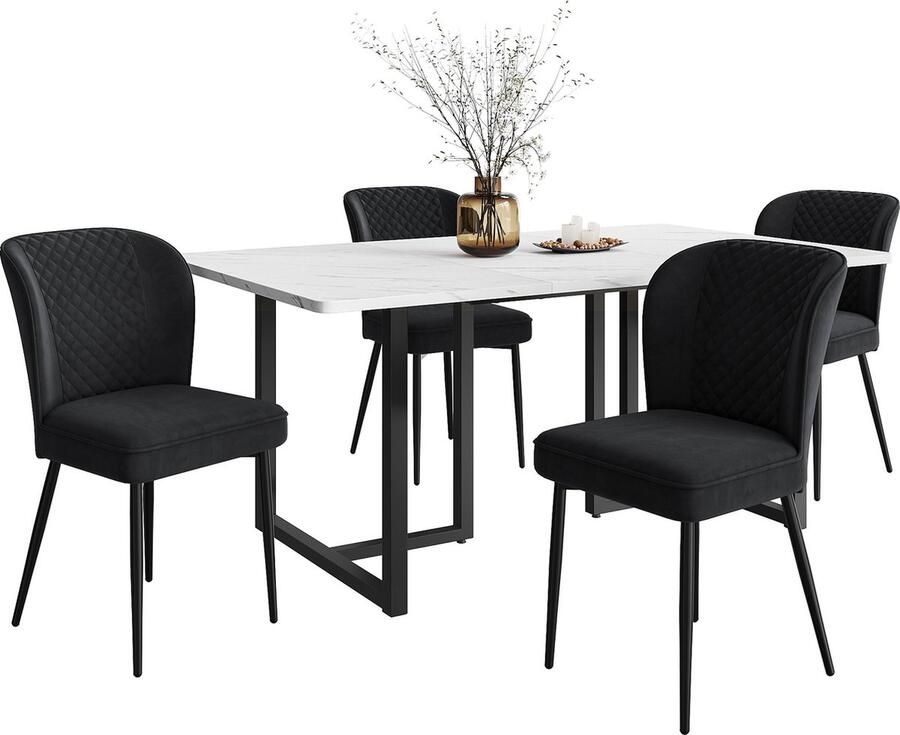 Merax Eetkamerset 140x80 cm Eettafel met 4 Fluwelen Zwarte Eetkamerstoelen Luxe Eetset Wit met Zwart
