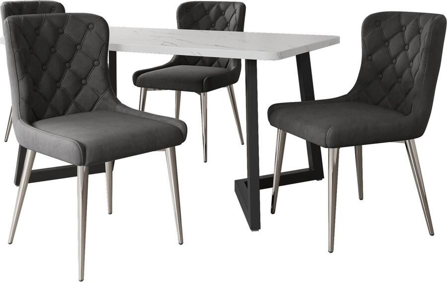 Merax Eetkamerset (5-delig) 117x68 cm Eettafel met 4 Stoelen Moderne Keuken Set met RVS Poten Donkergrijze Stoelen