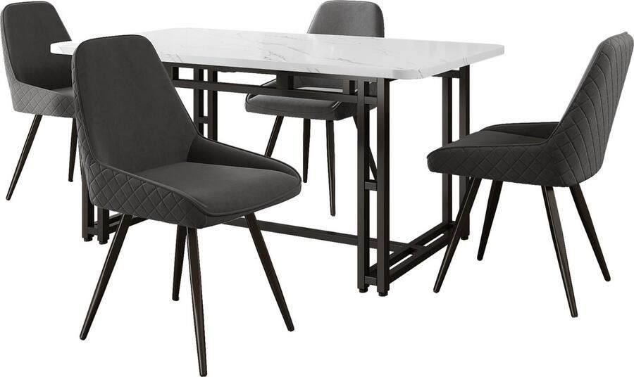 Merax Eetkamerset (5-delig) 120x70 cm Eettafel met 4 Donkergrijze Stoelen Modern Marmormuster Keukentafel met Ergonomische Rugleuning