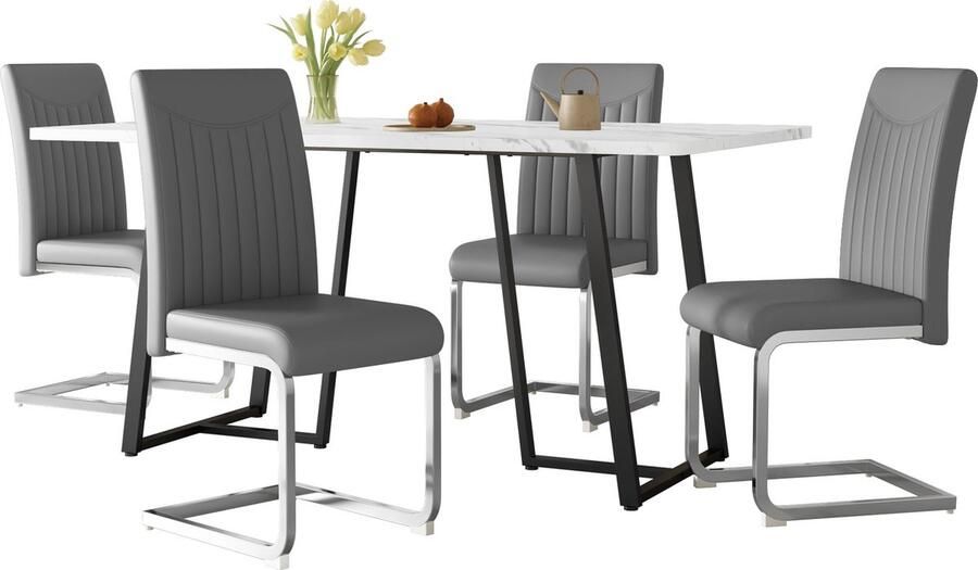 Merax Eetkamerset (5-delig) 140x80 cm Eettafel met 4 Kunstleer Eetkamerstoelen Moderne Marmerdesign voor Keuken en Eetkamer Grijs en Wit