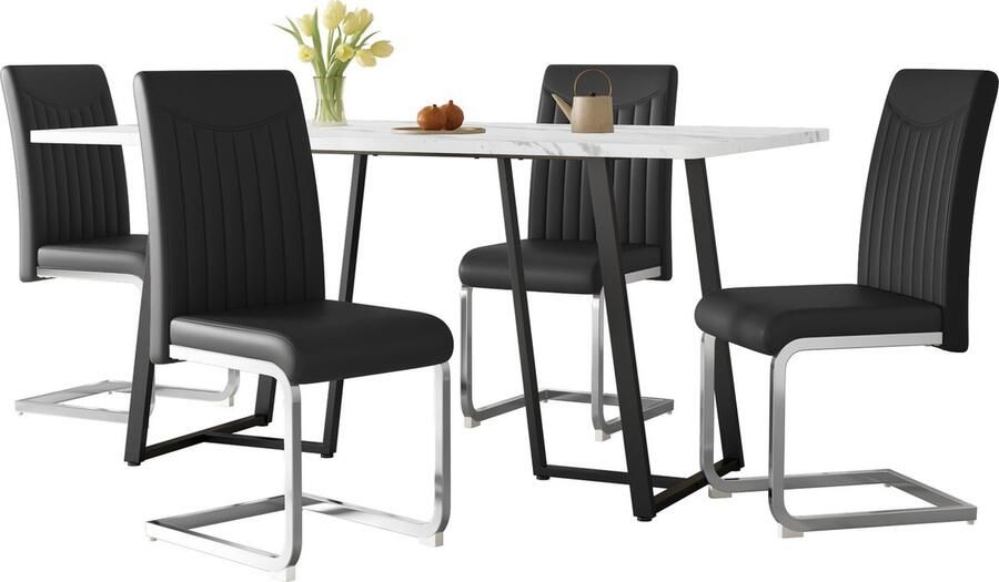 Merax Eetkamerset (5-delig) 140x80cm Eettafel met 4 Eetkamerstoelen Moderne Marmerlook Tafel Kunstleer Stoelen met Metalen Poten Wit met Zwart