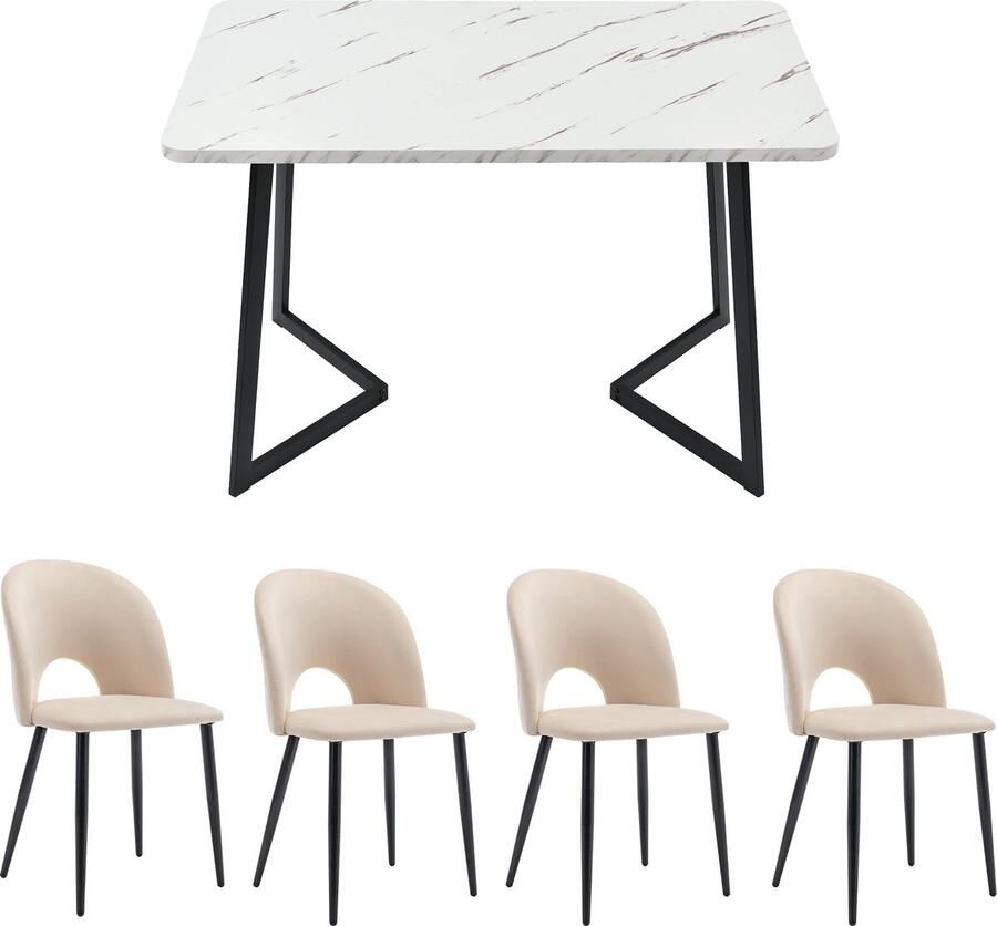 Merax Essgruppe (Set 117×68cm Esstisch mit 4 Stühlen) Rechteckiger Esstisch Moderner Küchentisch Set Samt Esszimmerstuhl Mit Diamantmuster Verstellbare Stuhlbeine Beige Samt Schwarz Tischbeine