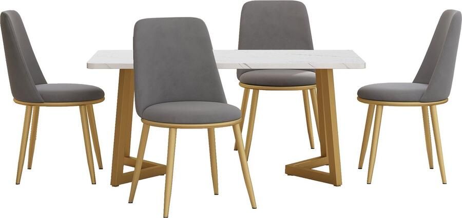 Merax Eetkamerset (5-delig) Eettafel 117x68 cm met 4 Grijze Fluwelen Stoelen Moderne Keukentafel Set met Gouden Metalen Poten MDF Tafelblad in Wit