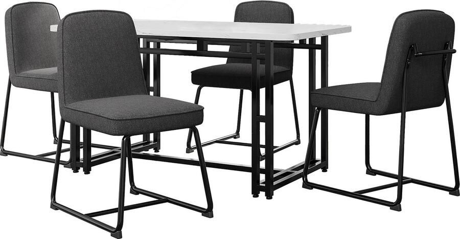 Merax Eetkamerset (5-delig) Eettafel 120x70 cm met 4 Linnen Eetkamerstoelen Moderne Tafel en Stoel Set Geschikt voor Eetkamer Keuken en Woonkamer Wit met Grijs en Zwart