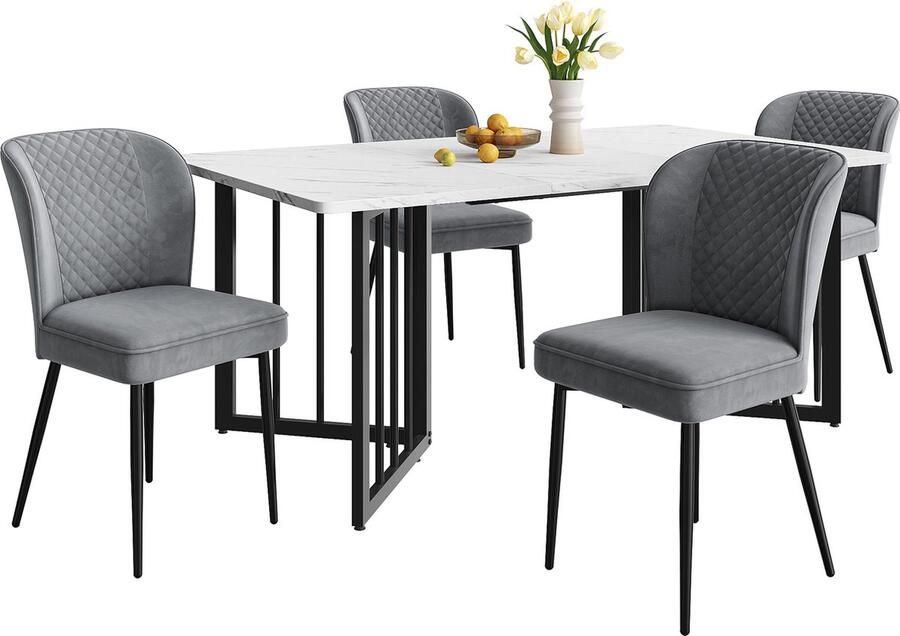 Merax Eetkamerset (5-delig) – Eettafel 140×80×75 cm met 4 Donkergrijze Fluwelen Stoelen Moderne Witte MDF Tafelblad en V-vormige Zwarte Metalen Poten
