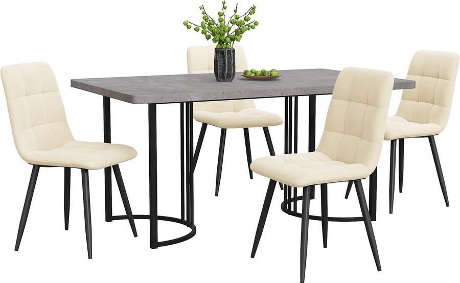 Merax Essgruppe (5-tlg) Esstisch mit 4 Stühlen Set Moderner Küchentisch Set 140×80cm Küchentisch mit Schwarz Metallbeinen MDF Tischplatte in Grau Beige Samt Esszimmerstühle