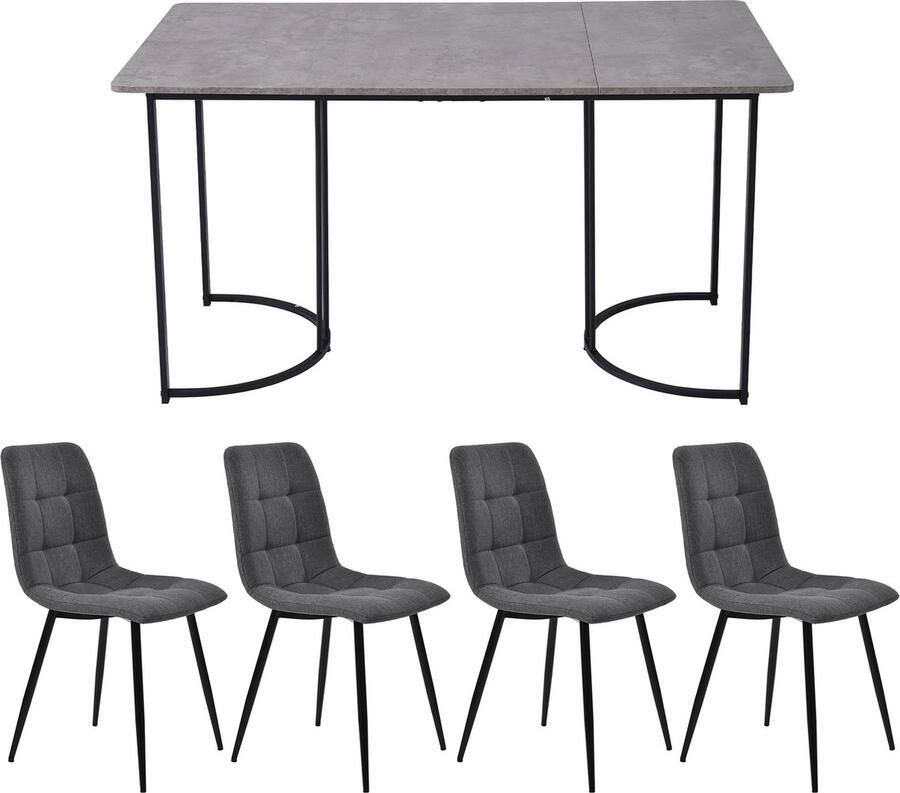 Merax Eettafelset (5-delig) – Eettafel 140×80 cm met MDF Tafelblad in Grijs Zwarte Metalen Poten en 4 Donkergrijze Linnen Stoelen