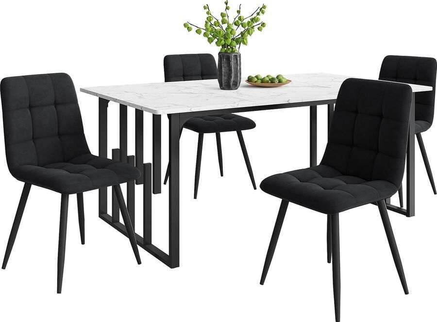 Merax Eetkamerset Set van 5 Eettafel 140×80 cm met 4 Zwarte Eetkamerstoelen en Zwarte Metalen Poten