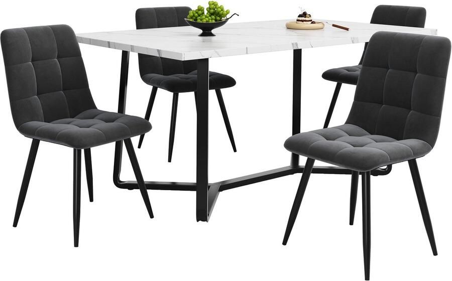 Merax Eetkamerset 5 Delig Eettafel met 4 Grijs Fluwelen Eetkamerstoelen Marmerlook Wit Tafelblad met Zwarte Poten