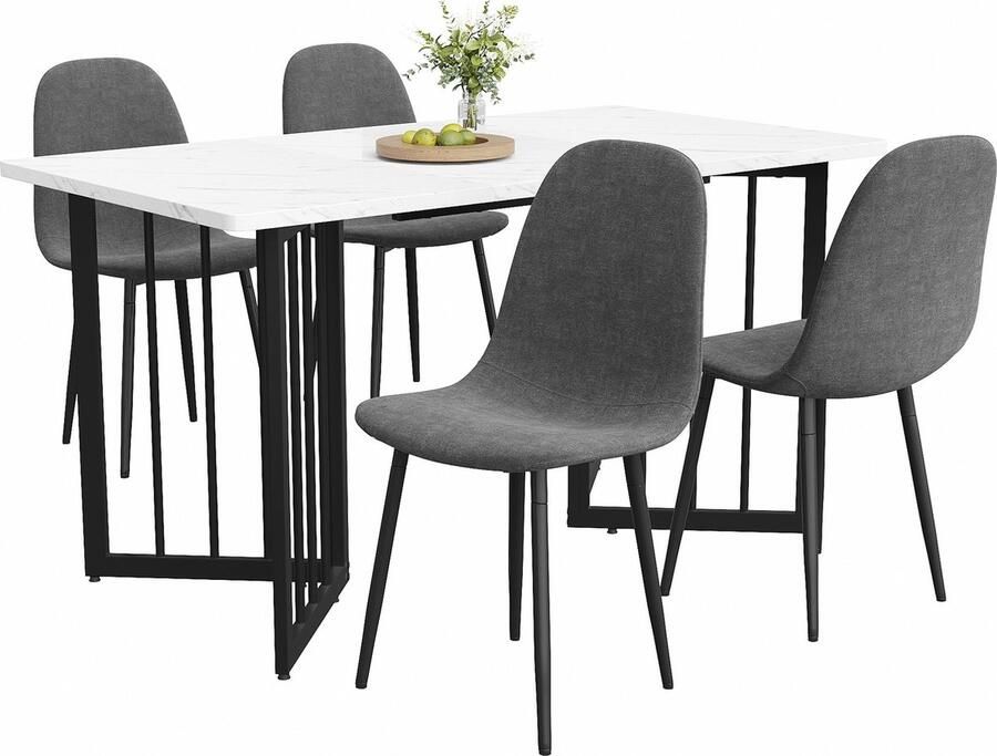 Merax Eetkamerset 5-delig Eettafel met 4 Stijlvolle Eetkamerstoelen Moderne Keukentafelset met Grijs Linnen Bekleding en V-vormige Zwarte Tafelpoten