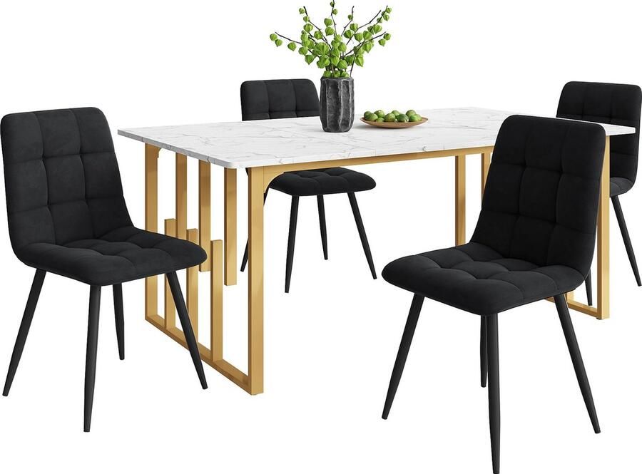Merax Eetkamerset (5-delig) – Eettafel met 4 Stoelen Moderne Keukentafel Set 140×80 cm Tafel met Gouden Metalen Poten Wit MDF-tafelblad en Zwarte Fluwelen Stoelen