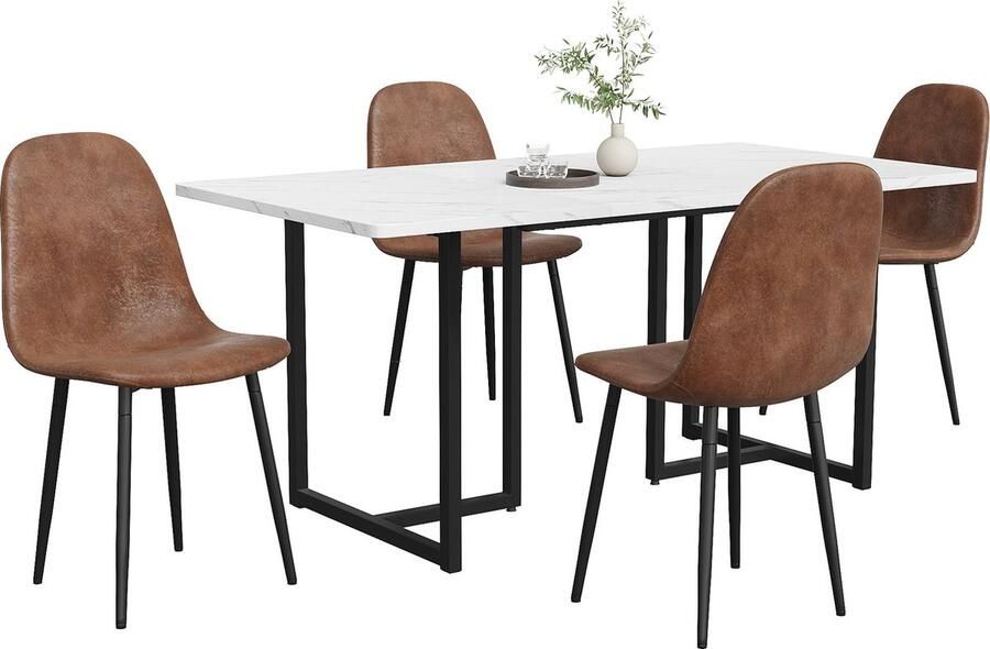 Merax Eetkamerset (5-delig) – Eettafel met 4 Stoelen Scandinavisch Design Kunstleer L-vormige Zwarte Metalen Poten Bruin Kunstleer MDF Tafelblad
