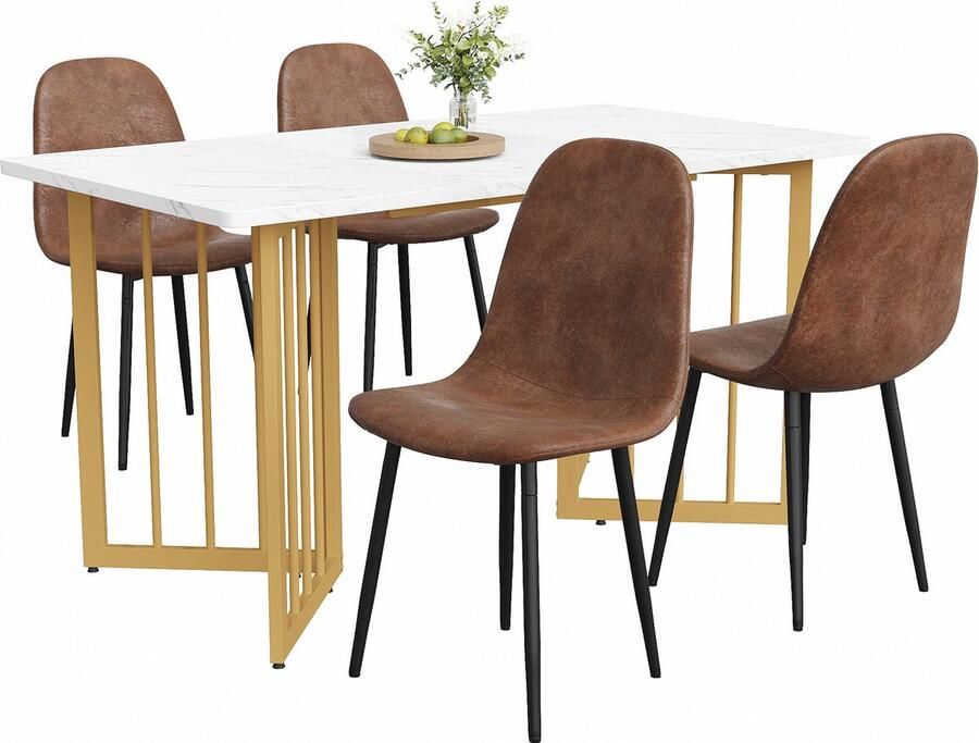 Merax Eetkamerset (5-delig) – Eettafel met 4 Stoelen Scandinavisch Design Kunstleer Metalen Poten Goudkleurige V-vormige Tafelpoot Bruin Kunstleer MDF Tafelblad