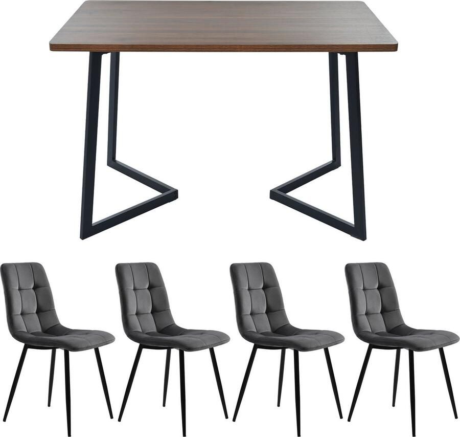 Merax Eetkamerset 5-delig – Walnootkleurige Tafel met 4 Donkergrijze Samet Stoelen – Moderne Eettafel met Zwarte Metalen Poten en MDF Blad