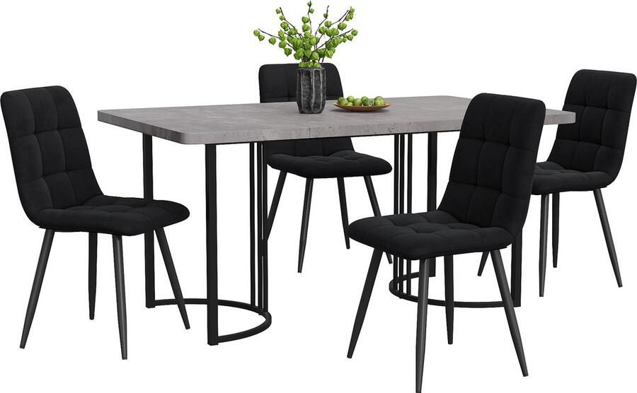 Merax Essgruppe (5-tlg) Esstisch mit 4 Stühlen Set Moderner Küchentisch Set 140×80cm Küchentisch mit Schwarz Metallbeinen MDF Tischplatte in Grau Schwarz Samt Esszimmerstühle