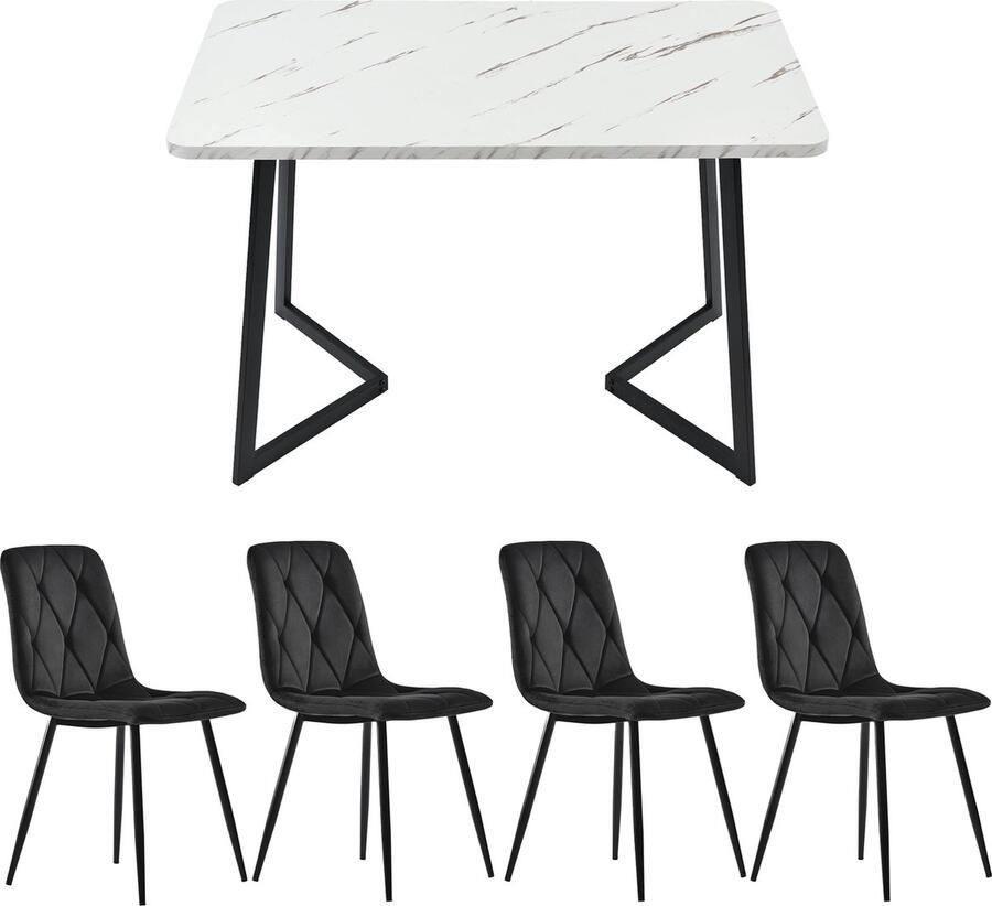 Merax Eetkamerset 5-delig – Eettafel 117×68 cm met 4 Eetkamerstoelen Keukentafel Set met Wit Marmerlook Tafelblad Moderne Zwarte Fluwelen Stoelen en Zwarte Metalen Poten