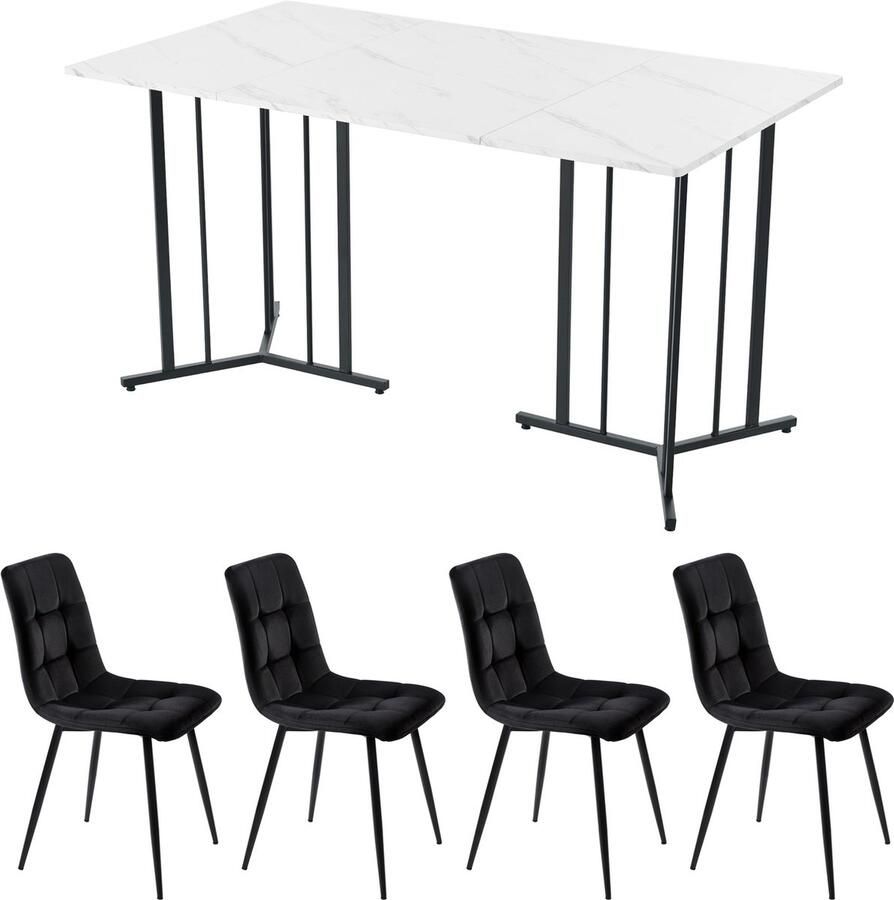 Merax Essgruppe (5-tlg) Esstisch mit 4 Stühlen Set Moderner Küchentisch Set 140×80cm Küchentisch mit Schwarz Metallbeinen Weißer MDF-Desktop Spleißen von Tischplatten Schwarz Samt Esszimmerstühle - Foto 2