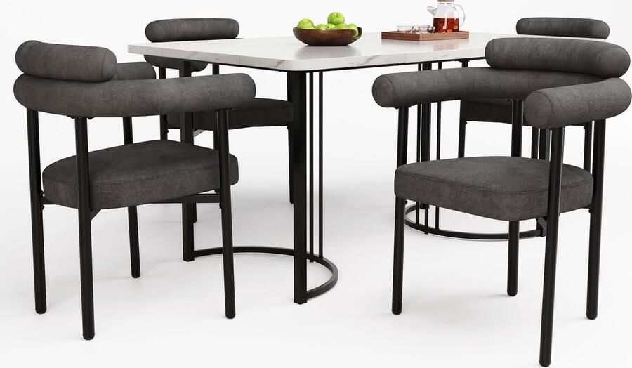Merax Eetkamerset (5-delig) – Moderne Eettafel met Unieke Metalen Designpoten en 4 Comfortabele Stoelen van Grijs Fluweel