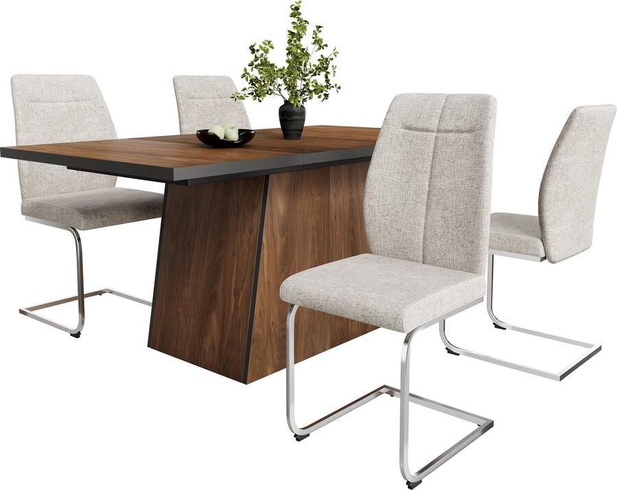 Merax Eetkamerset (5-delig) – Moderne Rechte Eettafel met Donkerbruine Houtlook – Inclusief 4 Lichtgrijze Stoelen met Rugleuning – Stijlvol en Duurzaam