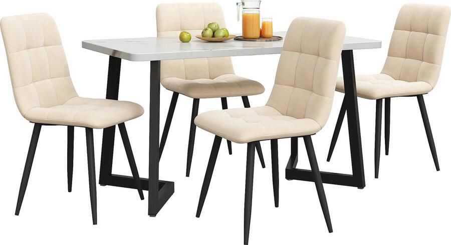 Merax 117cm Esstisch mit 4 Stühlen Set Rechteckiger Esstisch Moderner Küchentisch Set Esszimmerstuhl Beige Samt Küchenstuhl Schwarze Tischbeine