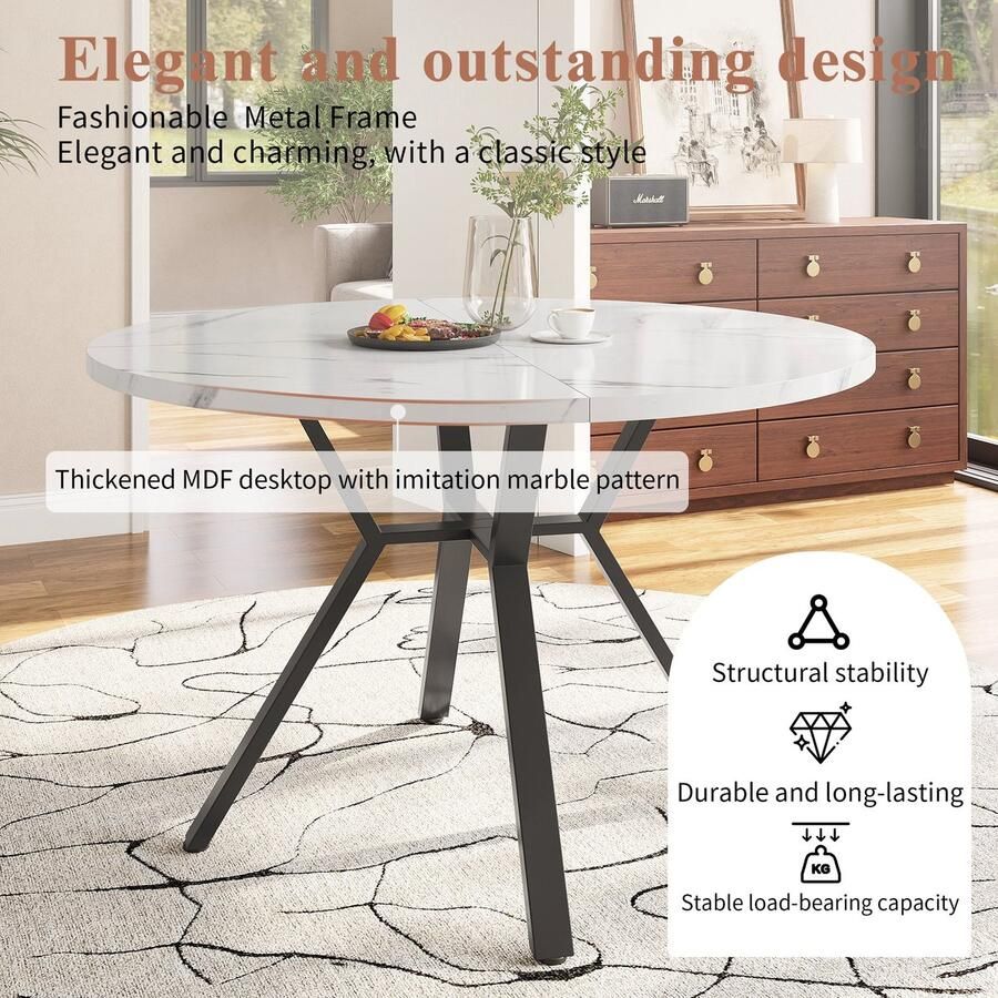 Merax Eetkamerset 5-delig Ronde Eettafel Ø100 cm Wit Marmerlook Zwart Stalen Onderstel 4 Eetkamerstoelen Zwart Suède Modern Design - Foto 2