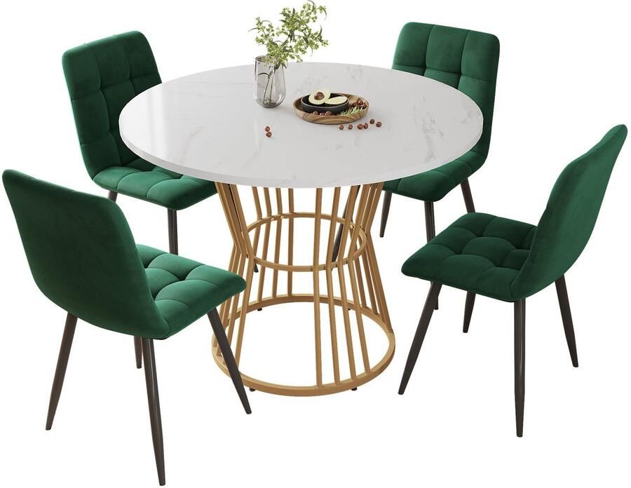 Merax Eetkamerset 5-delig – Ronde Eettafel Ø100 cm met 4 Velvet Eetkamerstoelen – Wit Tafelblad met Gouden Poten – Groen met Zwarte Stoelen