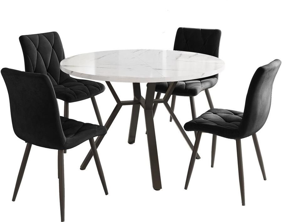 Merax Eetkamerset 5-delig Ronde Eettafel Ø100 cm Wit Marmerlook Zwart Stalen Onderstel 4 Eetkamerstoelen Zwart Suède Modern Design - Foto 3