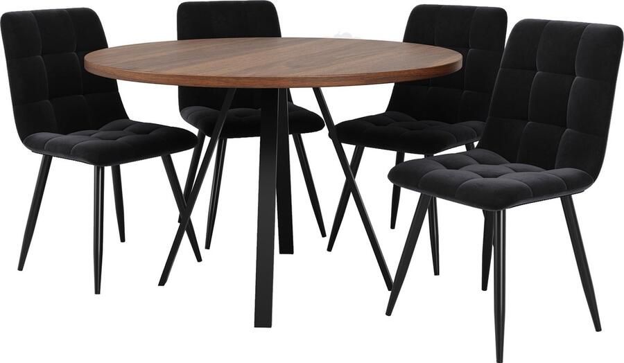 Merax Eetkamerset 5-delig – Ronde Eettafel 80x80 cm met 4 Zwarte Samet Stoelen – Moderne Tafel met Walnootkleurig MDF Blad en Metalen Poten - Foto 2